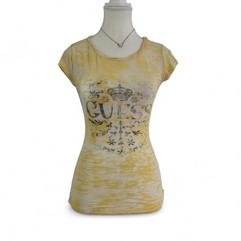 Guess Jeans Y2K Vintage Butter Yellow Baby Tee Fitted Camo Sheer Mcbling Size S